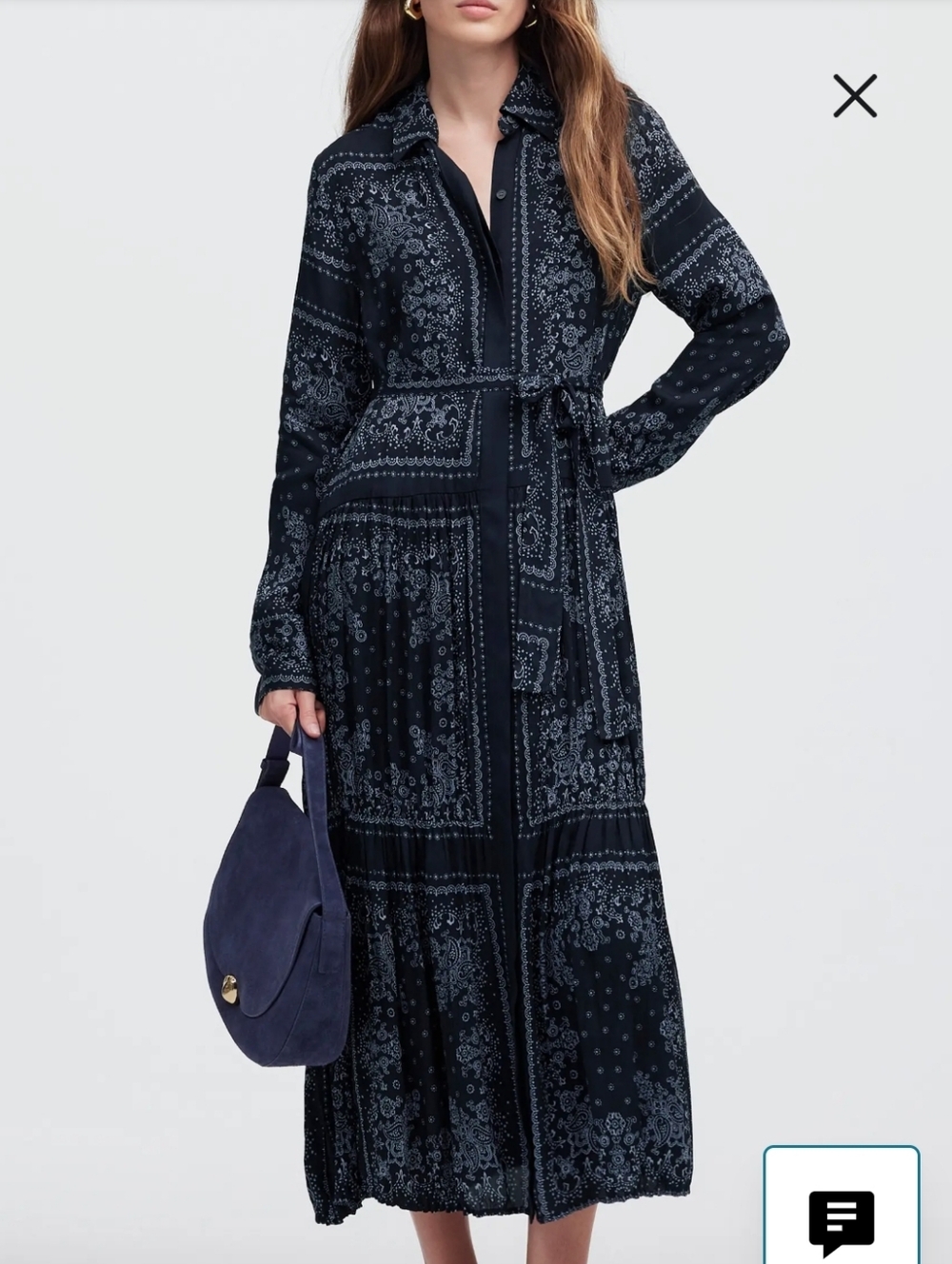 Madewell Navy Bandana Print Relaxed Long-Sleeve Midi Dress